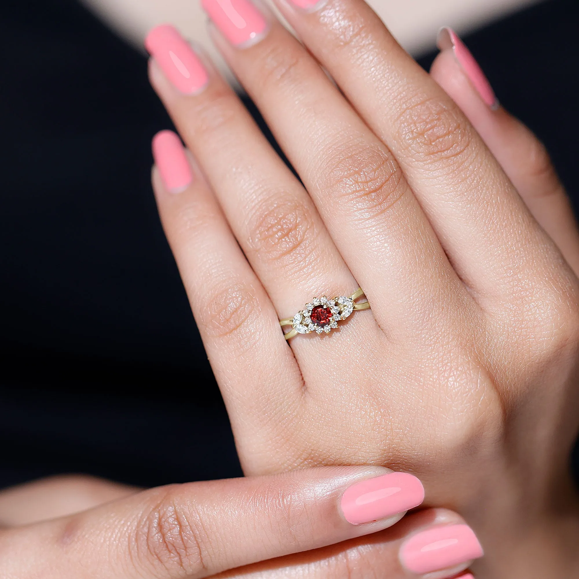 Split Shank Garnet Flower Engagement Ring with Diamond