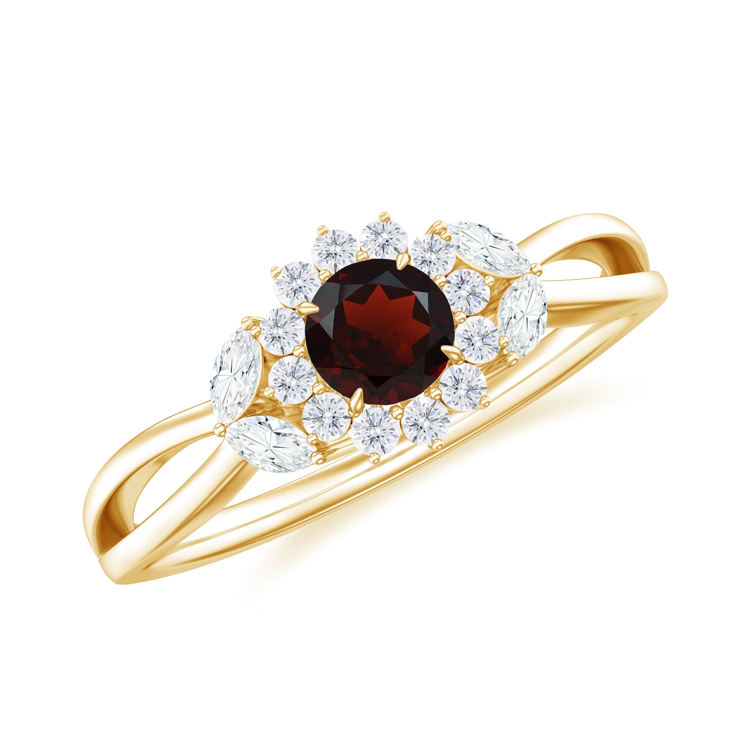 Split Shank Garnet Flower Engagement Ring with Diamond