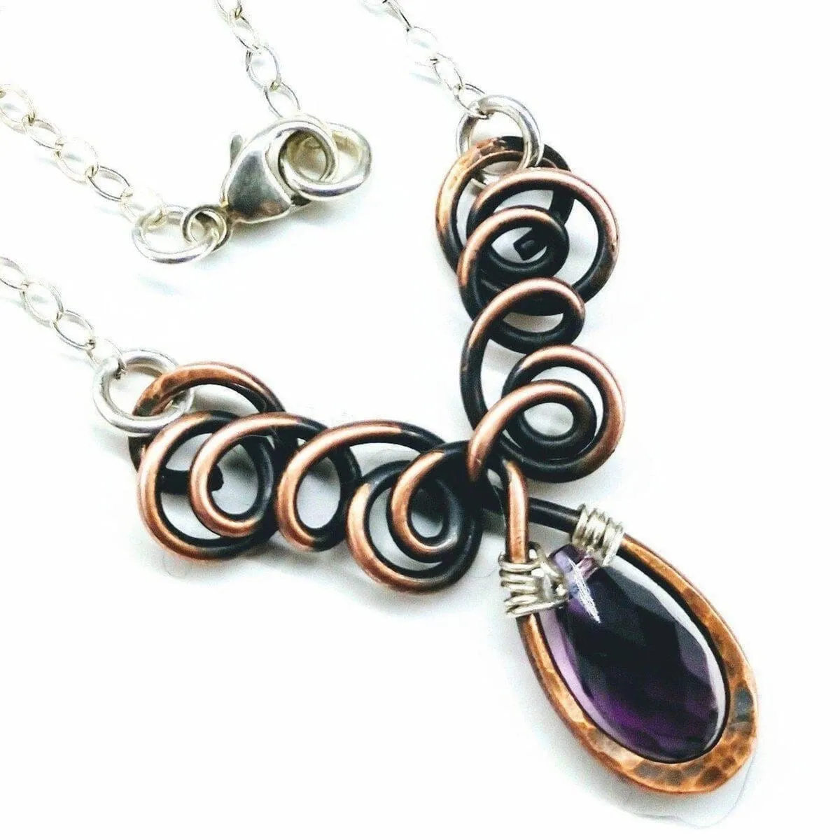 Sterling Silver and Copper Wire Sculpted Amethyst Crystal Drop Necklace