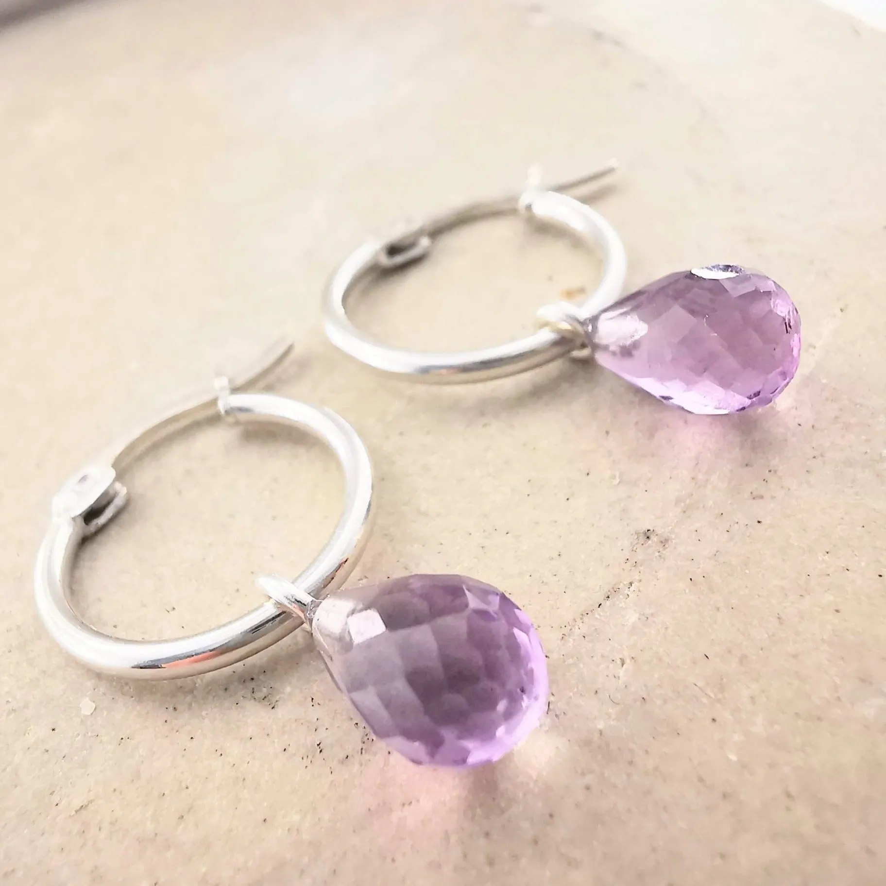 Sterling Silver Purple Amethyst Lever Back Hoop Earrings
