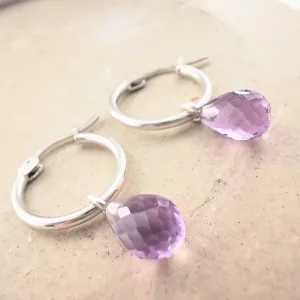 Sterling Silver Purple Amethyst Lever Back Hoop Earrings