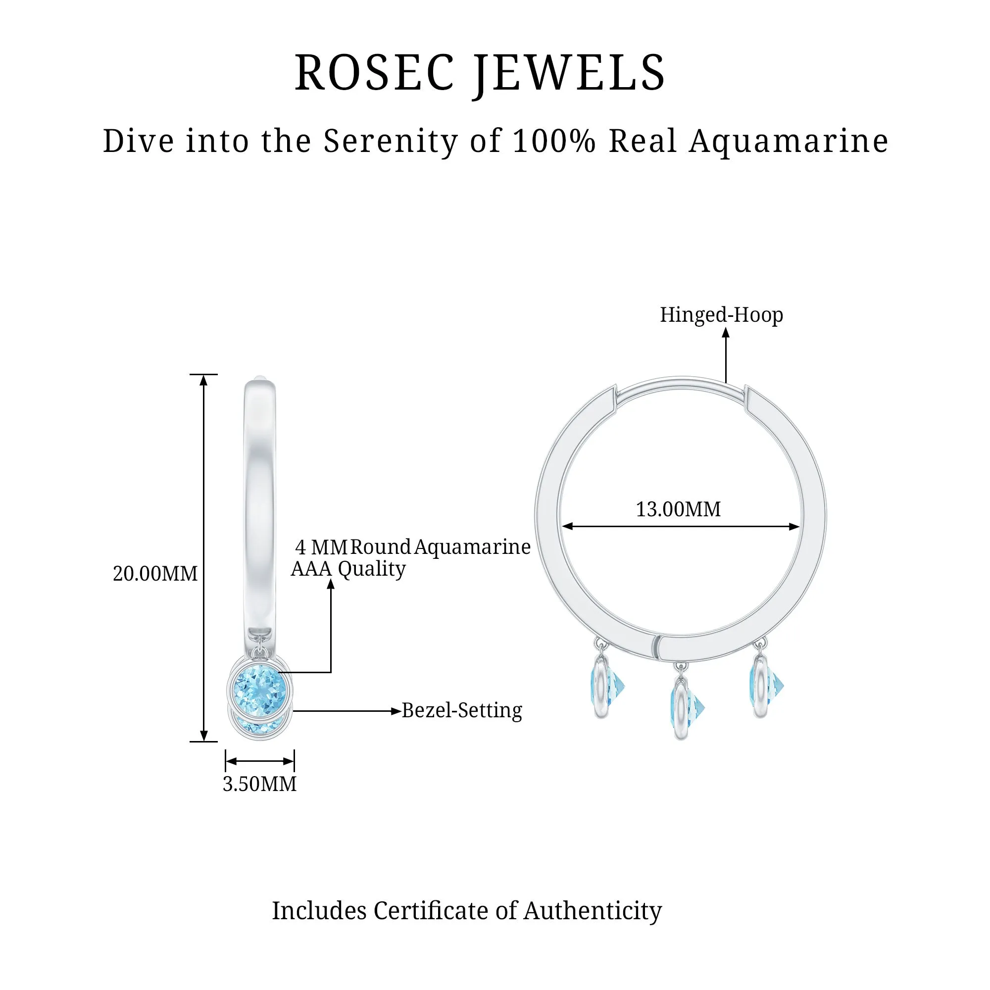 Three Stone Aquamarine Gold Hoop Earring in Bezel Setting