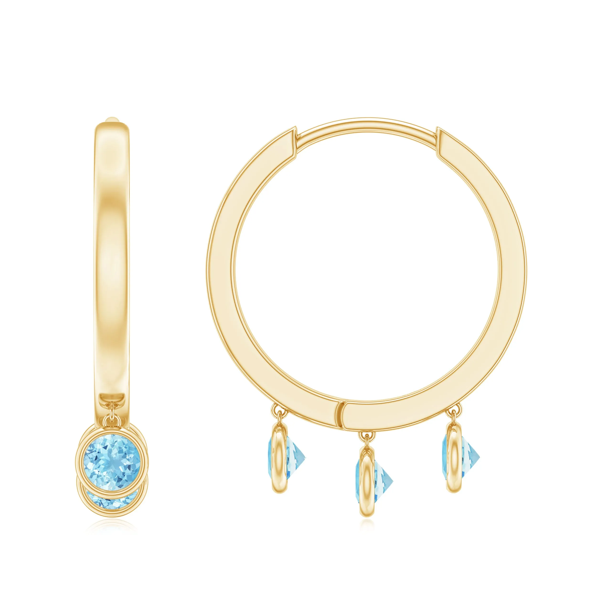 Three Stone Aquamarine Gold Hoop Earring in Bezel Setting