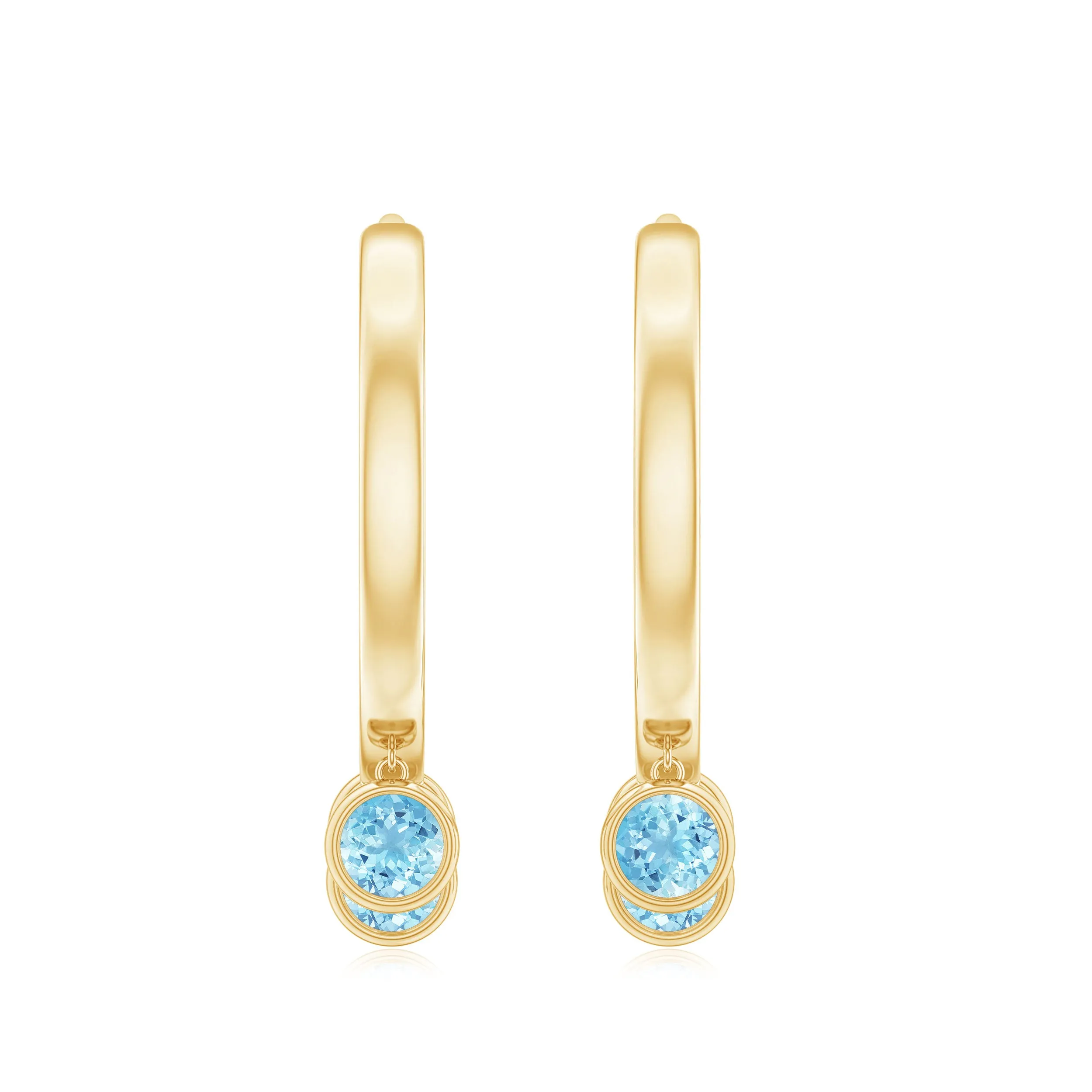 Three Stone Aquamarine Gold Hoop Earring in Bezel Setting