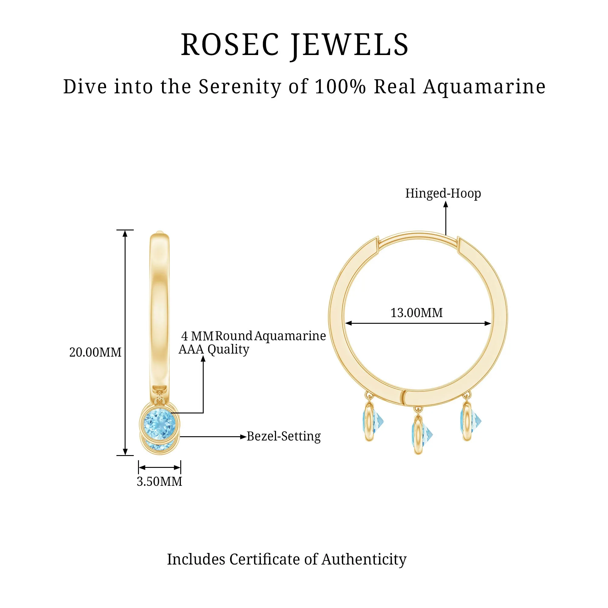 Three Stone Aquamarine Gold Hoop Earring in Bezel Setting