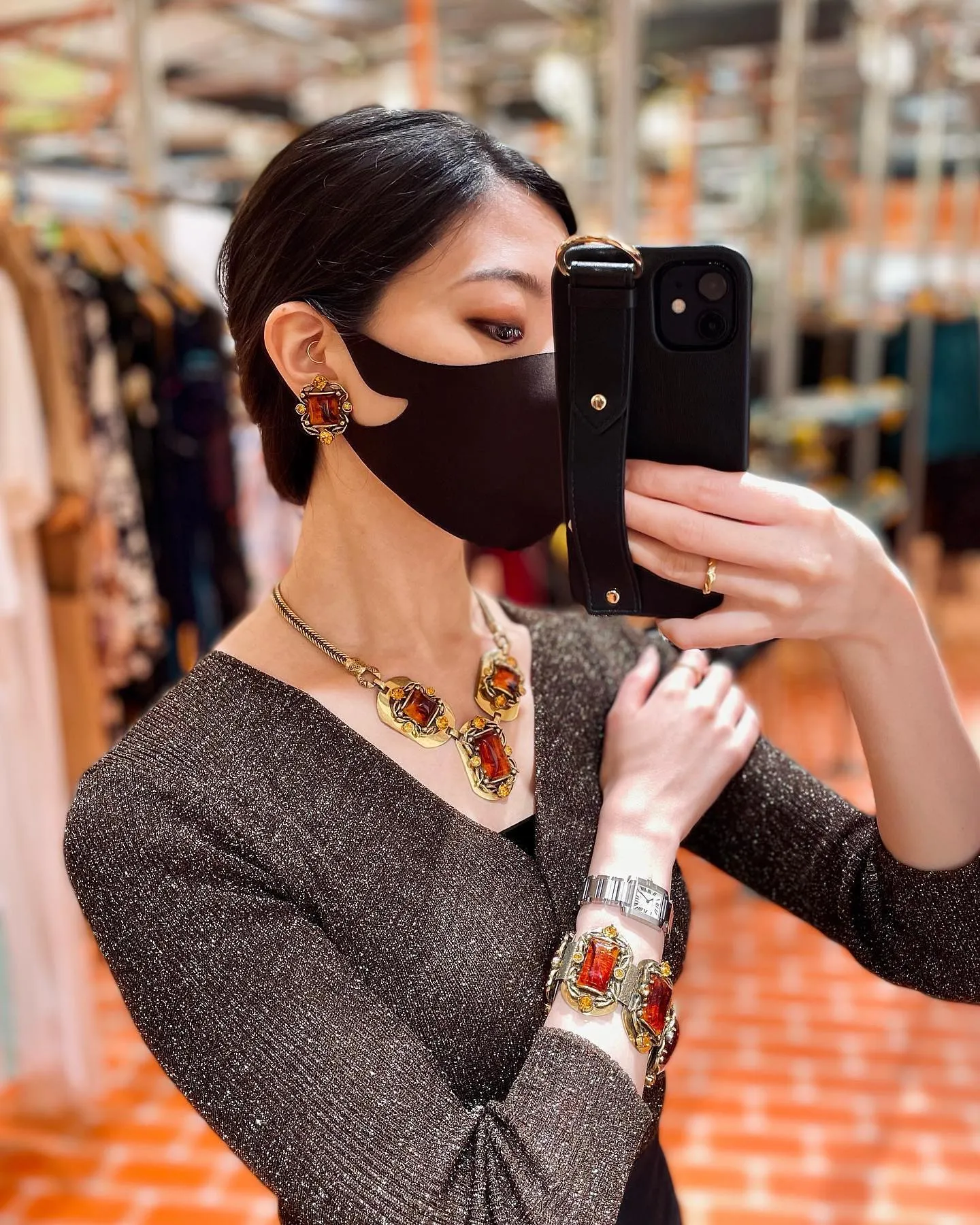 【USA輸入】ヴィンテージ SELRO アンバー トパーズ ビジュー ネックレス/Vintage SELRO Amber Topaz Bijou Necklace