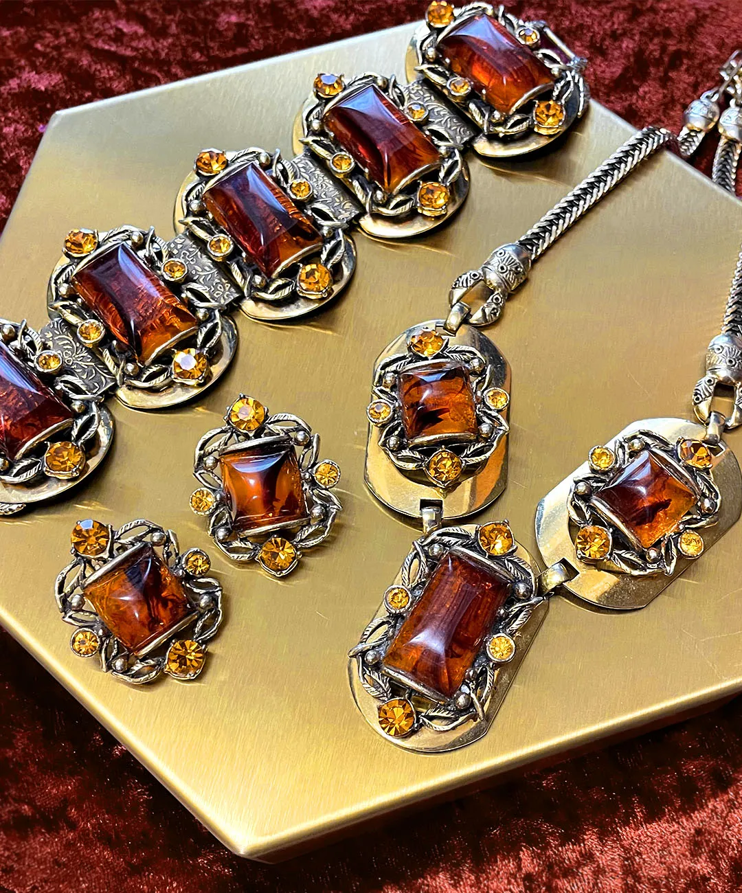 【USA輸入】ヴィンテージ SELRO アンバー トパーズ ビジュー ネックレス/Vintage SELRO Amber Topaz Bijou Necklace