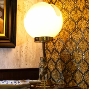 Vintage Brass Bear Table Lamp With Unusual Glass Dome Shade