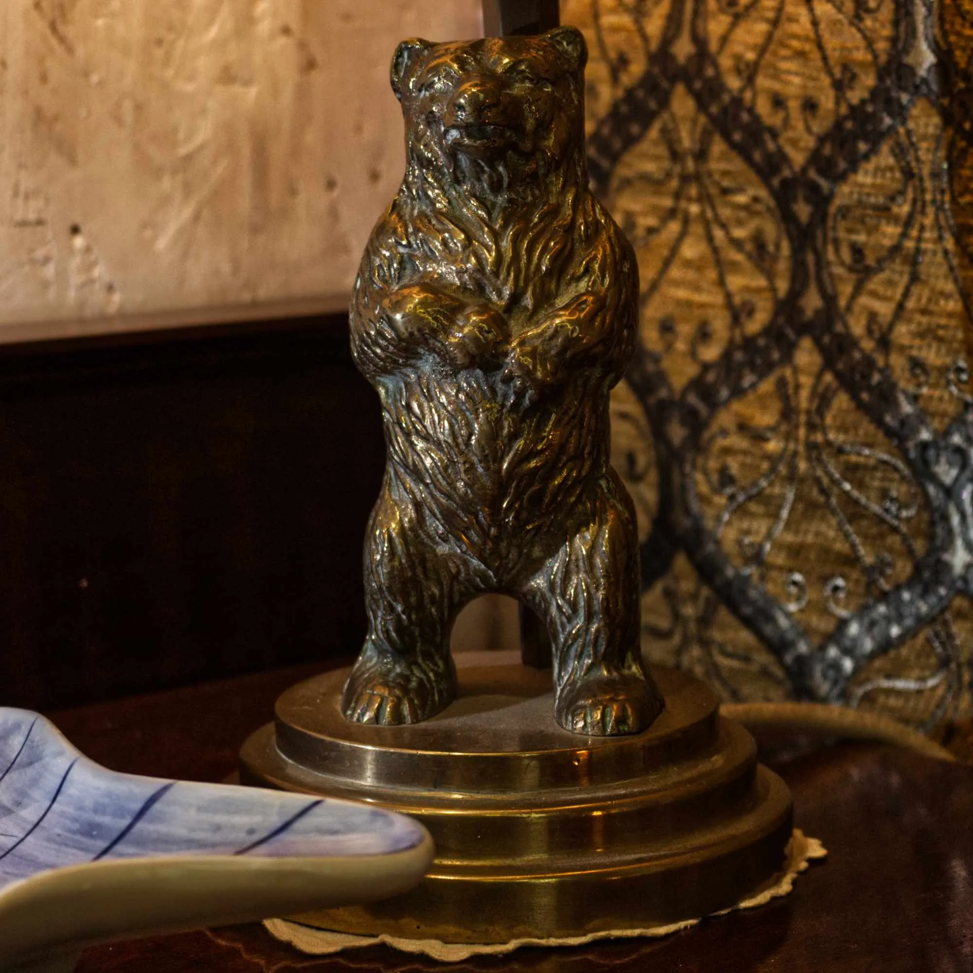 Vintage Brass Bear Table Lamp With Unusual Glass Dome Shade