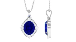 Vintage Inspired Oval Created Blue Sapphire and Diamond Halo Pendant