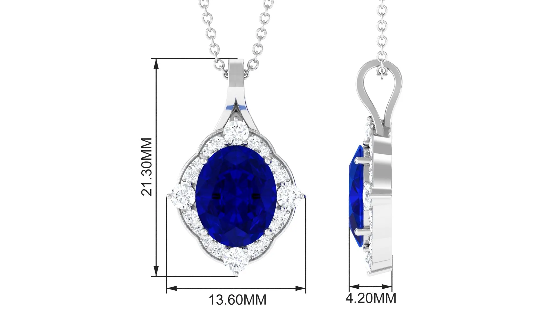 Vintage Inspired Oval Created Blue Sapphire and Diamond Halo Pendant