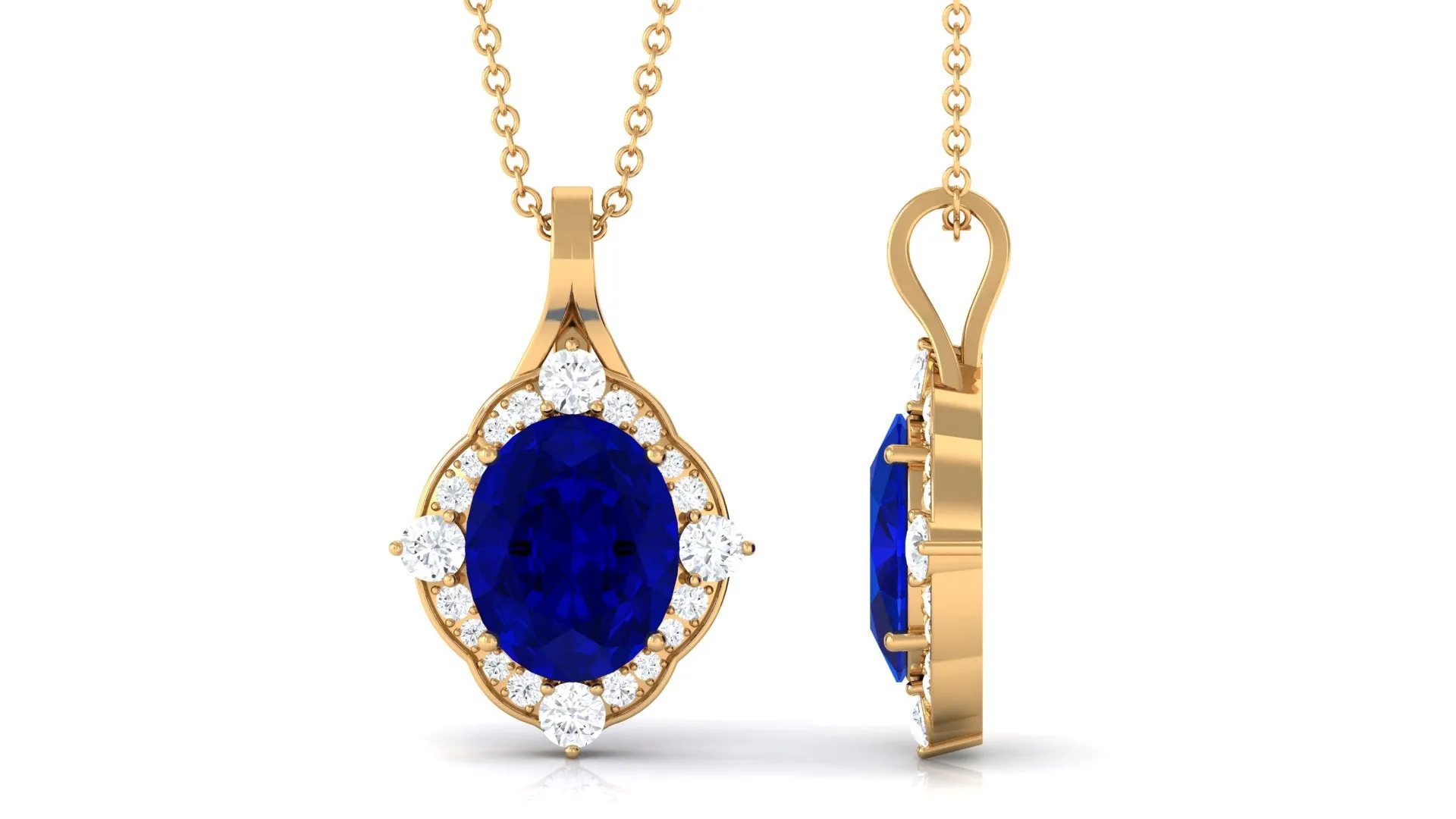 Vintage Inspired Oval Created Blue Sapphire and Diamond Halo Pendant