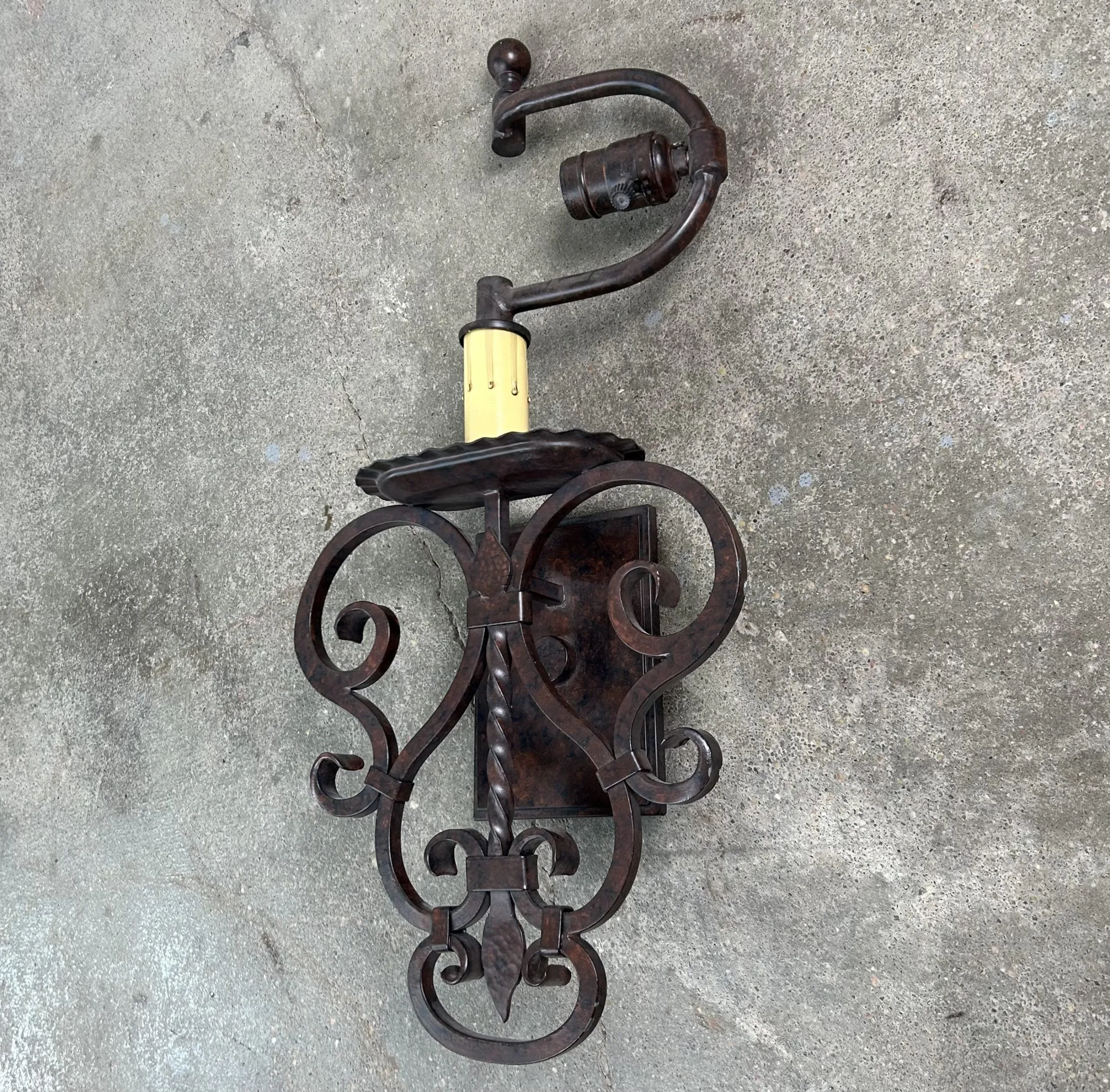 Wall Light Sconce,  Forged Iron, Rustic, Single Sideways Light, Finial