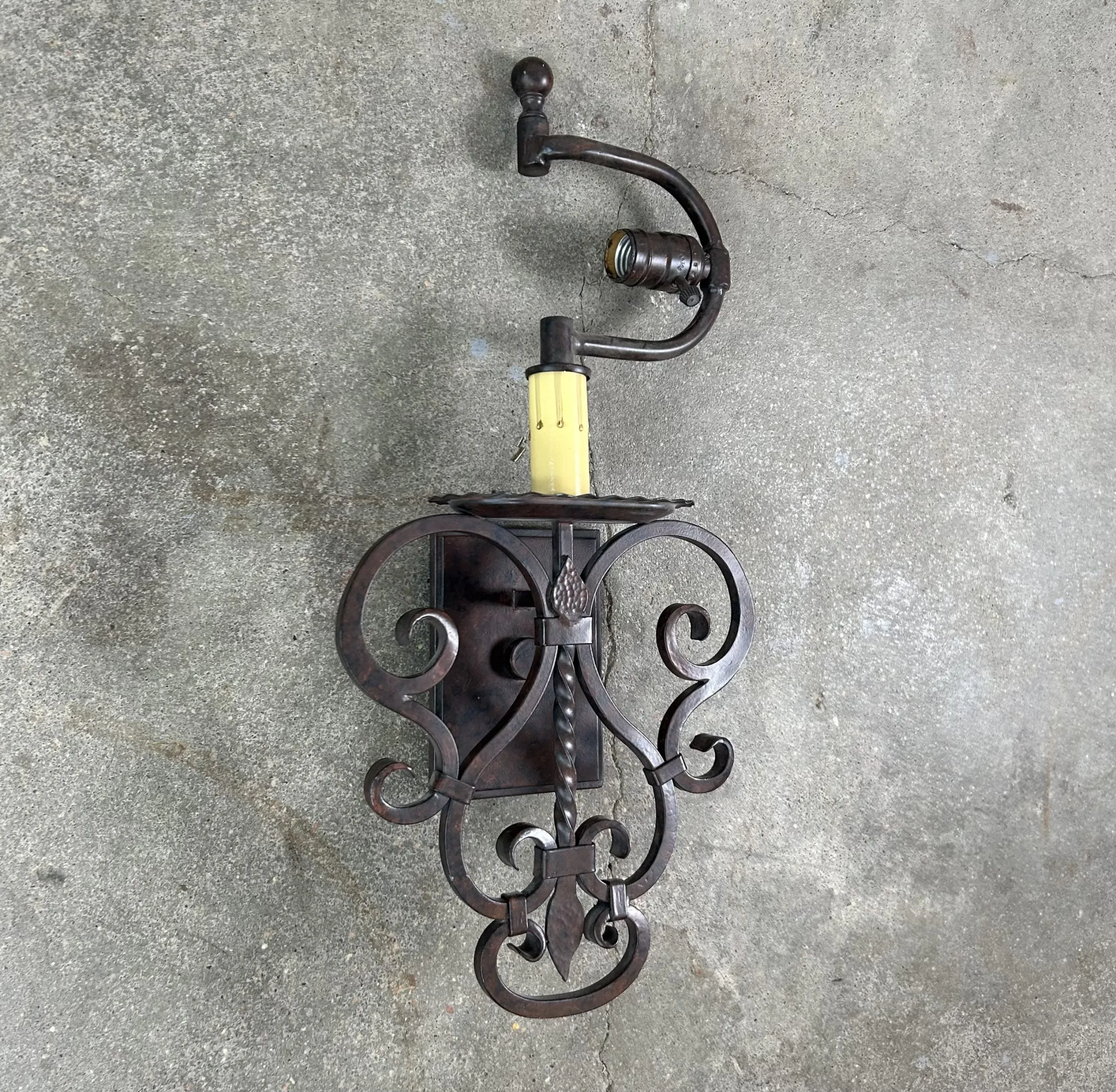 Wall Light Sconce,  Forged Iron, Rustic, Single Sideways Light, Finial